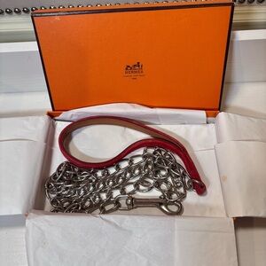 Authentic Hermès Red Suede Leather Silver Palladium Chain Dog Leash Lead 50”